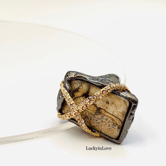 ALEXIS BITTAR • NEW Elements Gunmetal Gold Picture Jasper Crystal Orbiting Ring - Picture 10 of 11